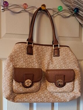 DKNY Beige Patterned Shoulder Bag with Brown Trim